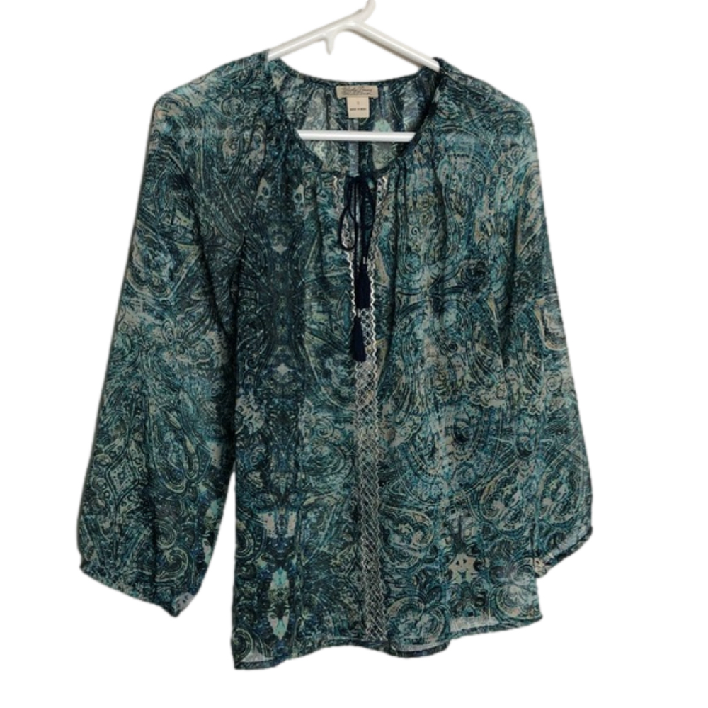 Lucky Brand Boho Top Blue Green Paisley Sz Small